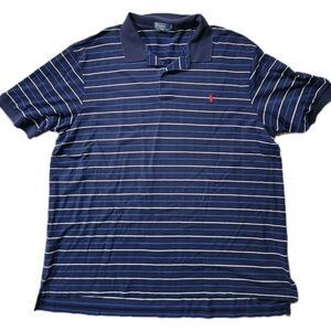 Polo Ralph Lauren 3XLT Navy Blue Striped Polo Shirt Red Pony Pima Cotton EUC
